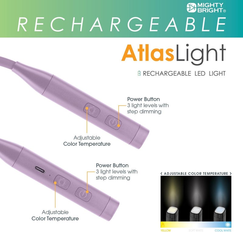 Mighty Bright Atlas Rechargeable Neck Light, 12 LED, 3 Color Temperatures, USB-C Charging Cable Included (Lavender) - Image 4